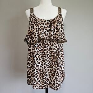 Suzanne Betro Tank Top Size L Leopard Print Y2K Sleeveless Ruffle Festival Boho